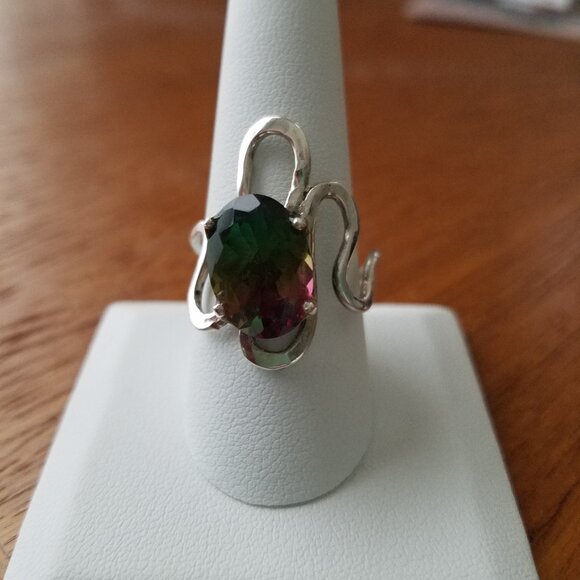 Handcrafted .925 Sterling Silver Hammered Thin Swirl Ring Lg Watermelon Quartz 9 - Picture 1 of 7